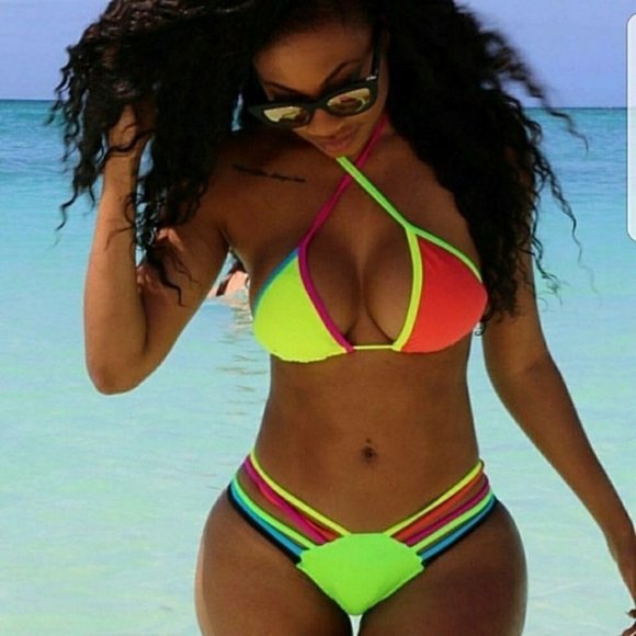 LAST ONE Neon Rainbow Strappy Halter String Bikini - Picture 4 of 8